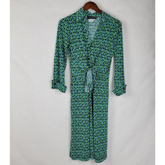 Donna Morgan‎ Shirt Dress Womens 10 Green Blue Retro Print Button Down Front Tie - Picture 1 of 12